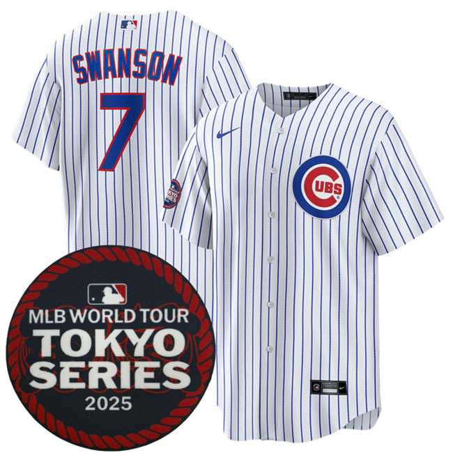 Men%27s Chicago Cubs #7 Dansby Swanson White 2025 World Tour Tokyo Series Home Stitched Jersey Dzhi->chicago cubs->MLB Jersey